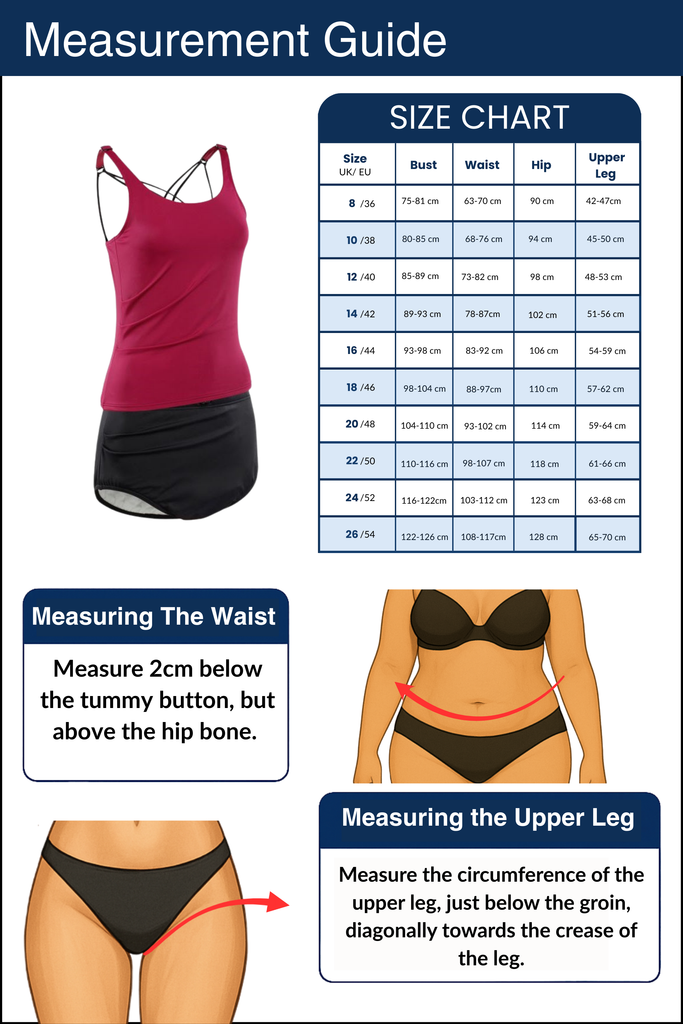 Measurement guide for clothing with size chart, waist measurement instructions, and upper leg measurement instructions.
