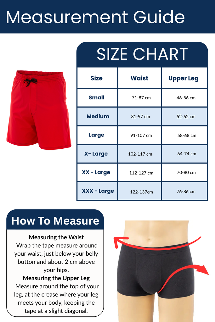 Measurement guide for shorts with size chart and waist/upper leg measurement instructions.