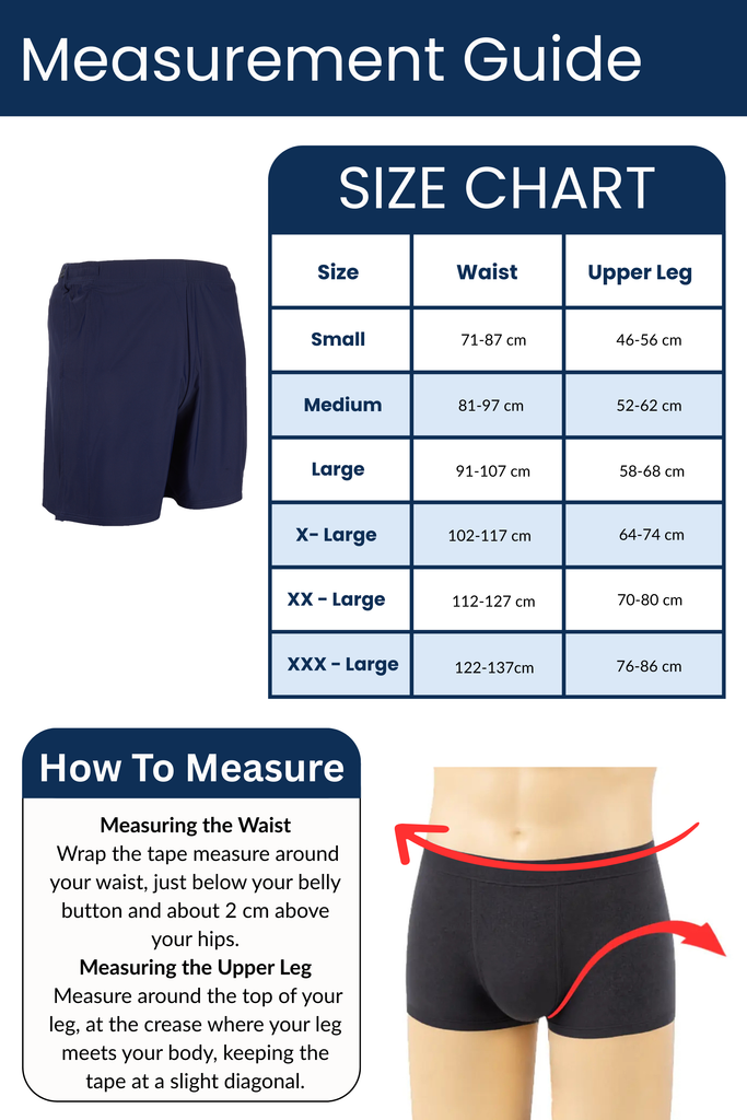 Measurement guide for shorts with size chart and waist/upper leg measurement instructions.