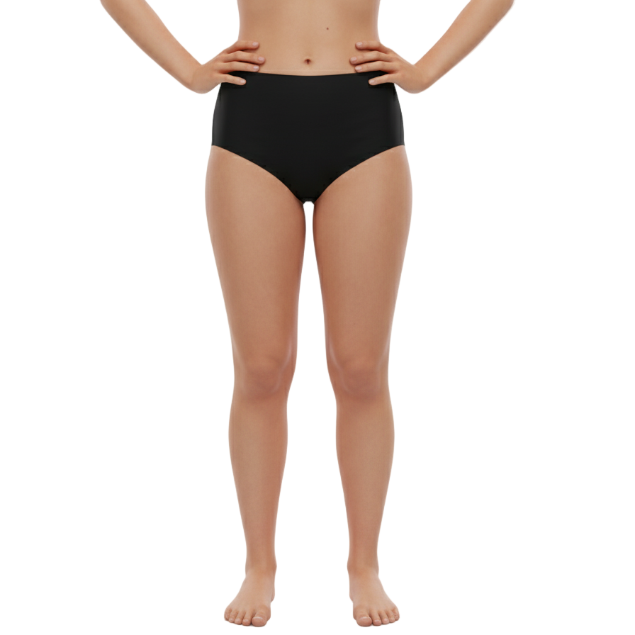 Person wearing period swimwear black underwear on a white background
